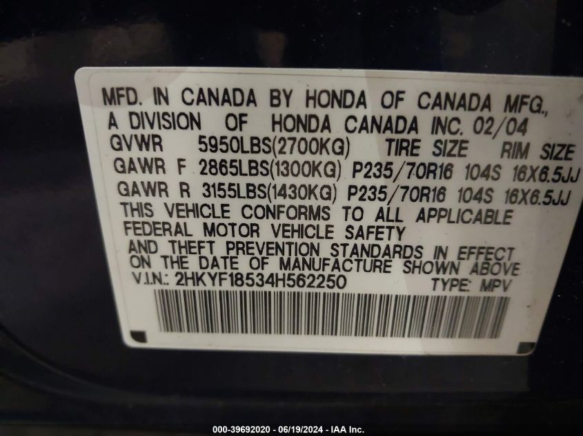 2004 Honda Pilot Ex-L VIN: 2HKYF18534H562250 Lot: 39692020