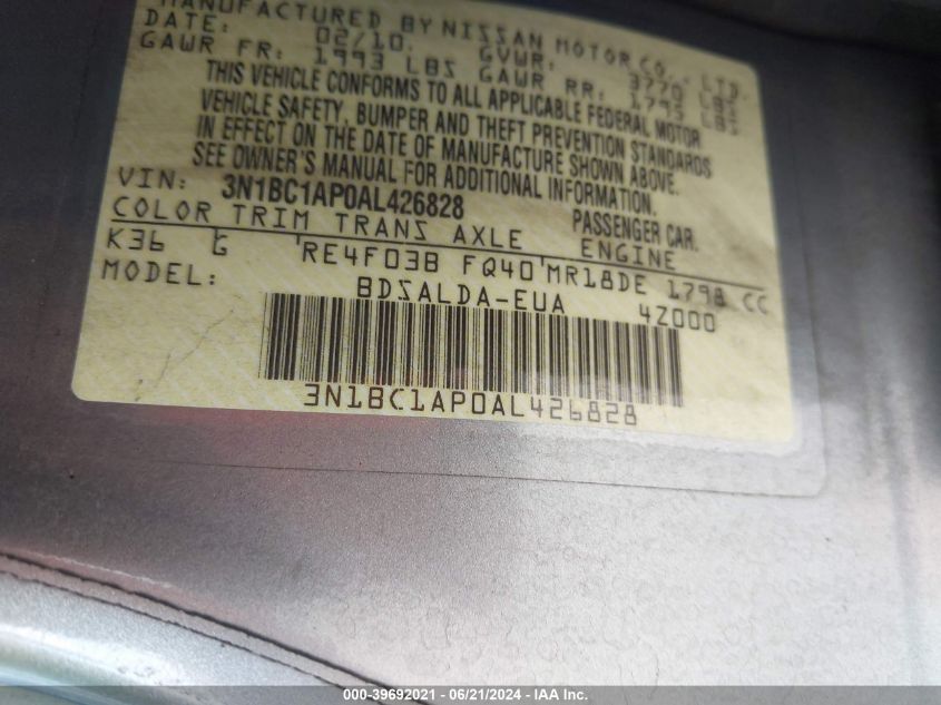 2010 Nissan Versa S/Sl VIN: 3N1BC1AP0AL426828 Lot: 39692021