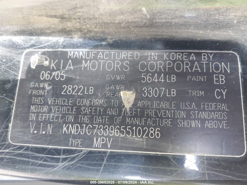 2006 Kia Sorento Ex/Lx VIN: KNDJC733965510286 Lot: 39692025