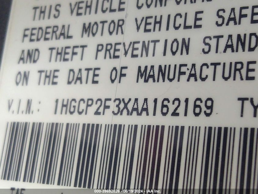 2010 Honda Accord Lx VIN: 1HGCP2F3XAA162169 Lot: 39692026
