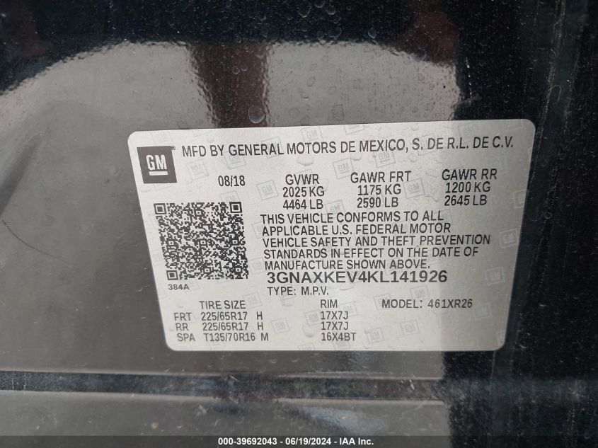 2019 Chevrolet Equinox Lt VIN: 3GNAXKEV4KL141926 Lot: 39692043