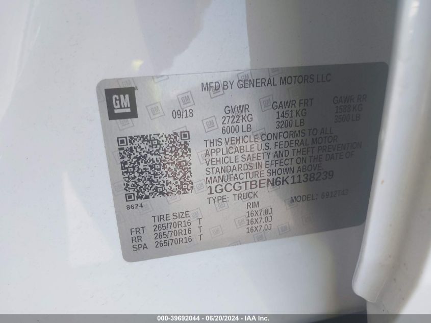 2019 Chevrolet Colorado VIN: 1GCGTBEN6K1138239 Lot: 39692044
