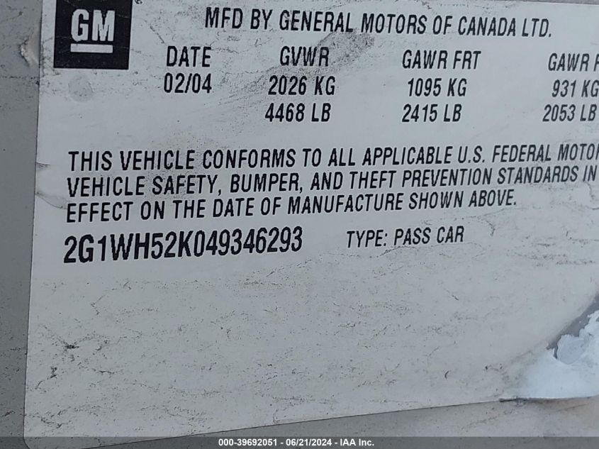 2004 Chevrolet Impala Ls VIN: 2G1WH52K049346293 Lot: 39692051