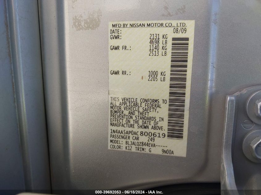 2010 Nissan Maxima 3.5 S VIN: 1N4AA5AP0AC800619 Lot: 39692053