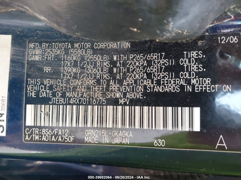 2007 Toyota 4Runner Sr5 V6 VIN: JTEBU14RX70116775 Lot: 39692064