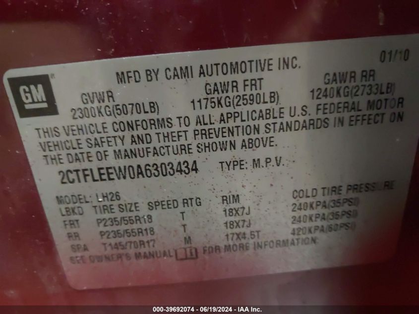 2010 GMC Terrain Sle-2 VIN: 2CTFLEEW0A6303434 Lot: 39692074