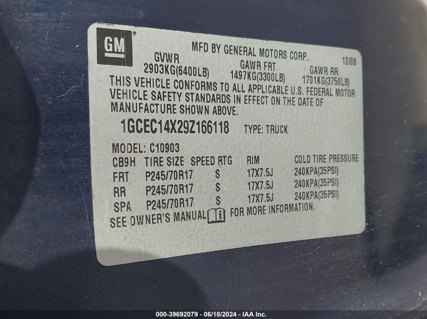 2009 Chevrolet Silverado 1500 Work Truck VIN: 1GCEC14X29Z166118 Lot: 39692079