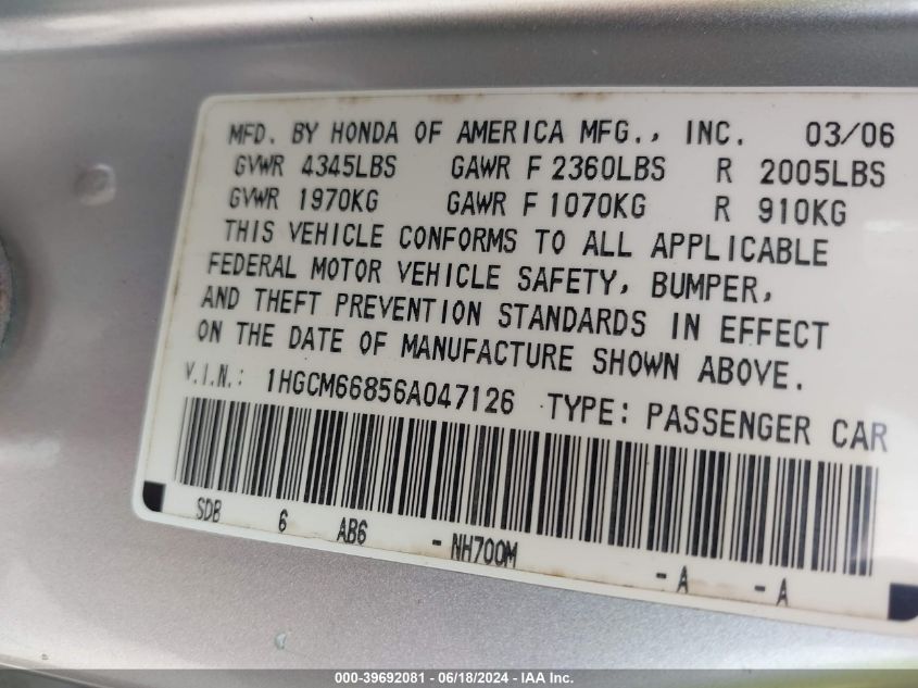 2006 Honda Accord 3.0 Ex VIN: 1HGCM66856A047126 Lot: 39692081