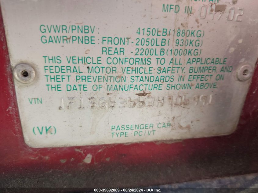 2003 Subaru Forester X VIN: JF1SG63663H706991 Lot: 39692089