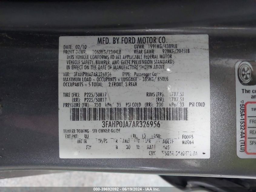 2010 Ford Fusion Sel VIN: 3FAHP0JA7AR326956 Lot: 39692092