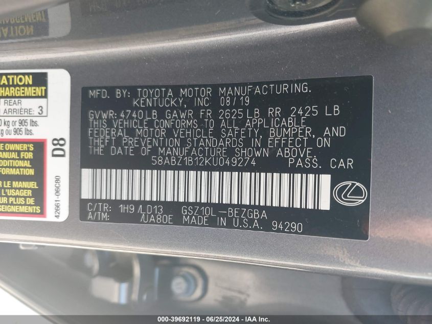 2019 Lexus Es 350 VIN: 58ABZ1B12KU049274 Lot: 39692119