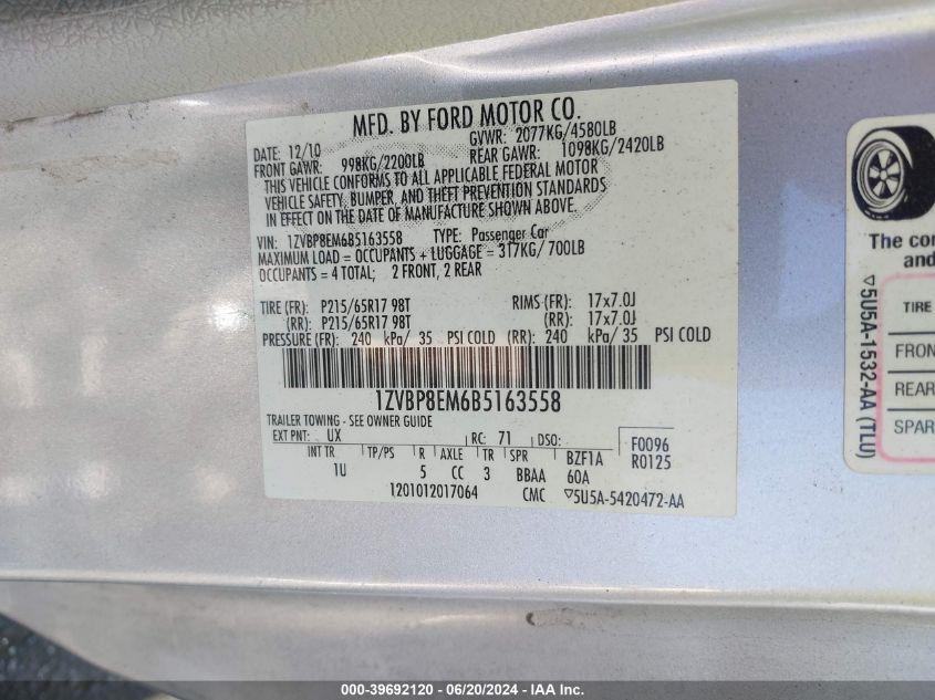 2011 Ford Mustang VIN: 1ZVBP8EM6B5163558 Lot: 39692120