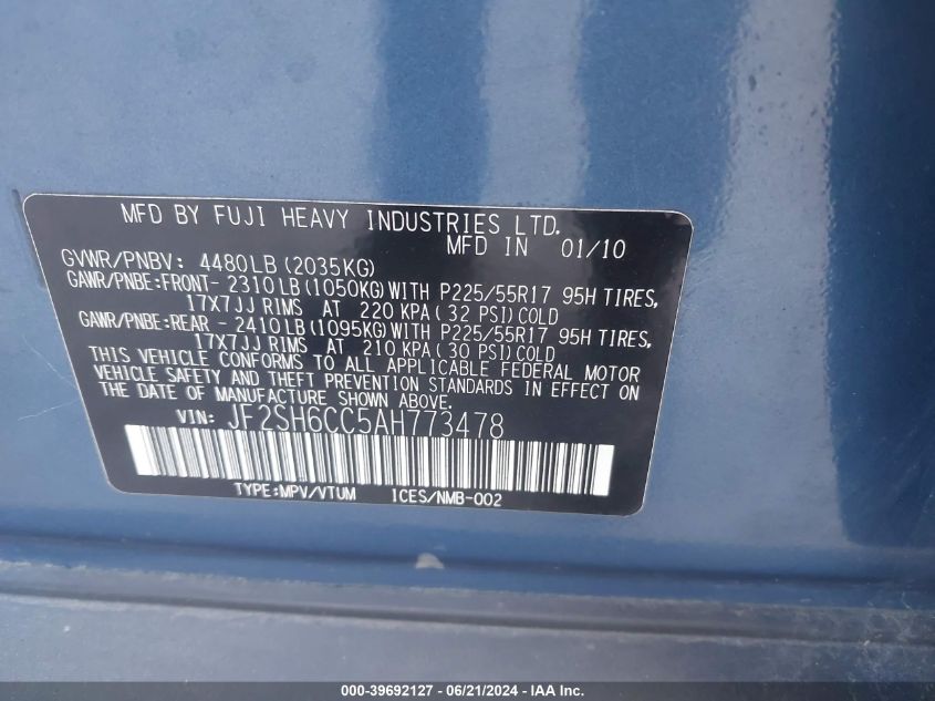 2010 Subaru Forester 2.5X Premium VIN: JF2SH6CC5AH773478 Lot: 39692127