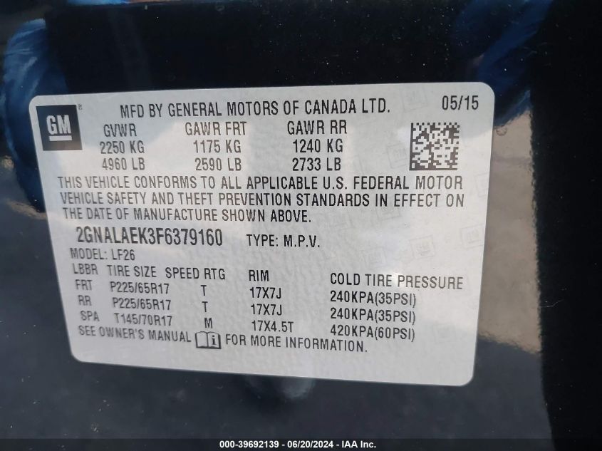 2015 Chevrolet Equinox Ls VIN: 2GNALAEK3F6379160 Lot: 39692139