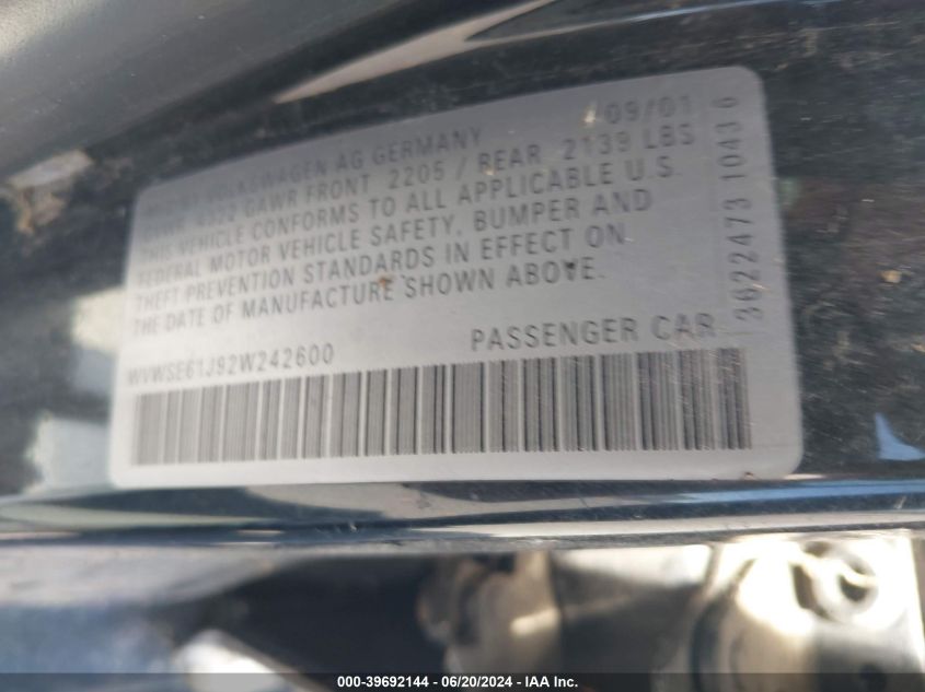 2002 Volkswagen Jetta Gls VIN: WVWSE61J92W242600 Lot: 39692144