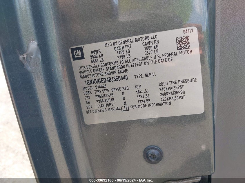 2011 Chevrolet Traverse 1Lt VIN: 1GNKVGED4BJ356440 Lot: 39692160