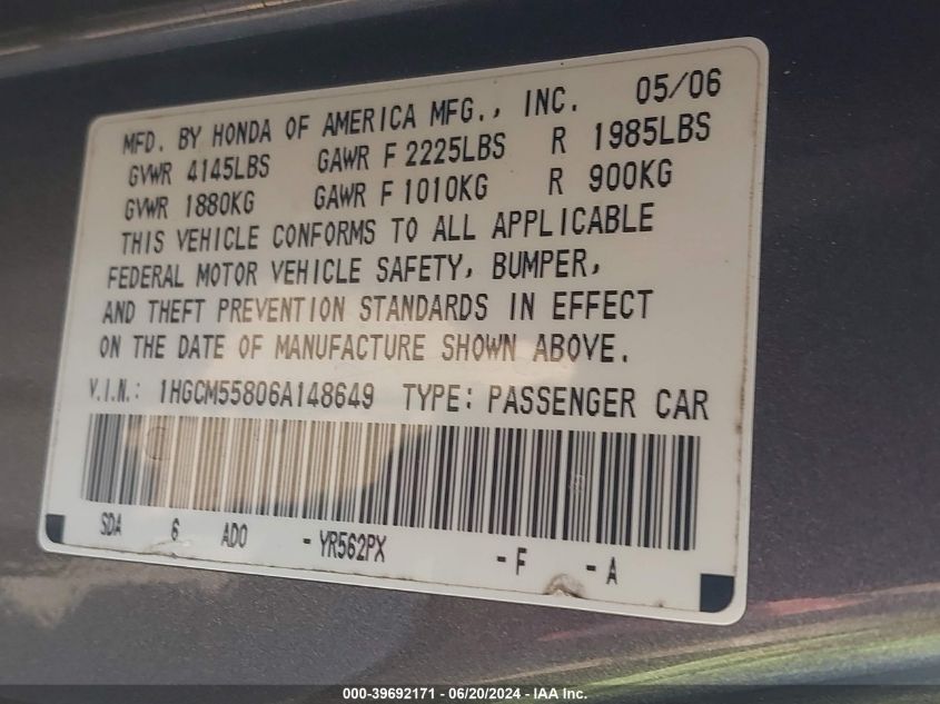 2006 Honda Accord 2.4 Ex VIN: 1HGCM55806A148649 Lot: 39692171