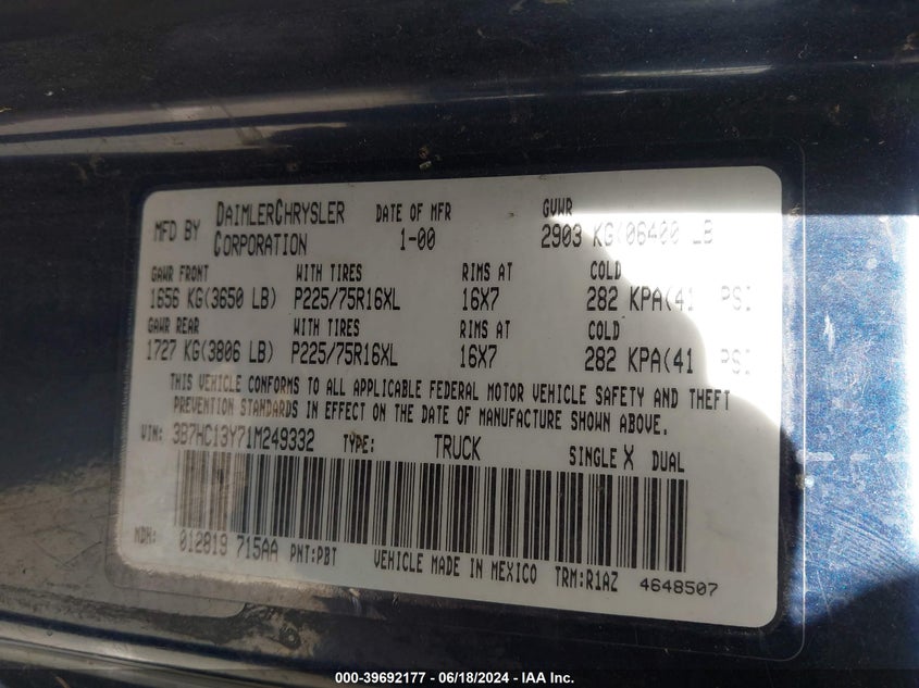 2001 Dodge Ram 1500 St VIN: 3B7HC13Y71M249332 Lot: 39692177