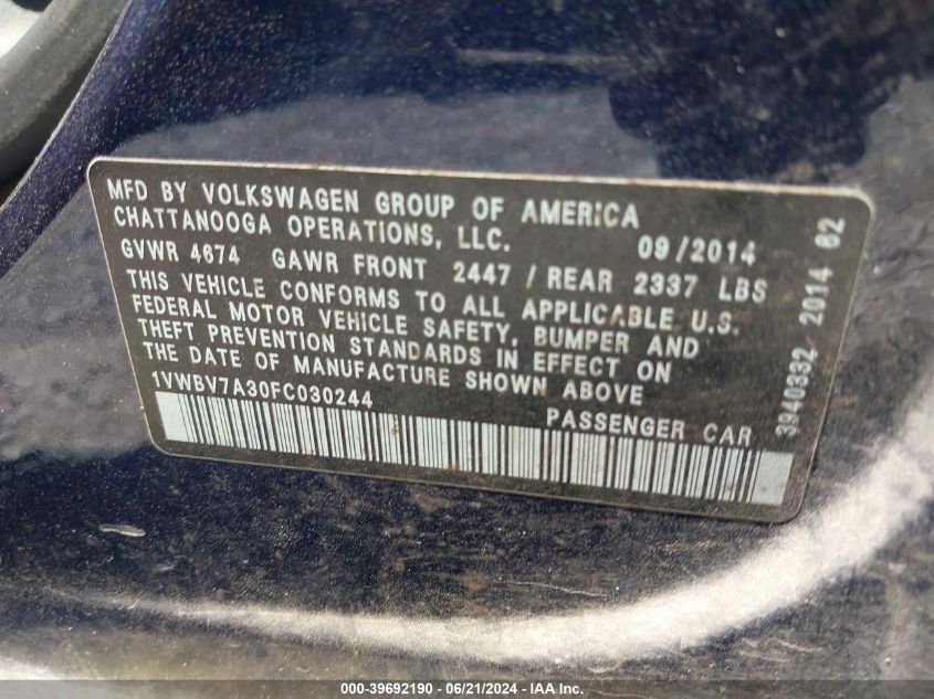 2015 Volkswagen Passat 2.0L Tdi Se VIN: 1VWBV7A30FC030244 Lot: 39692190