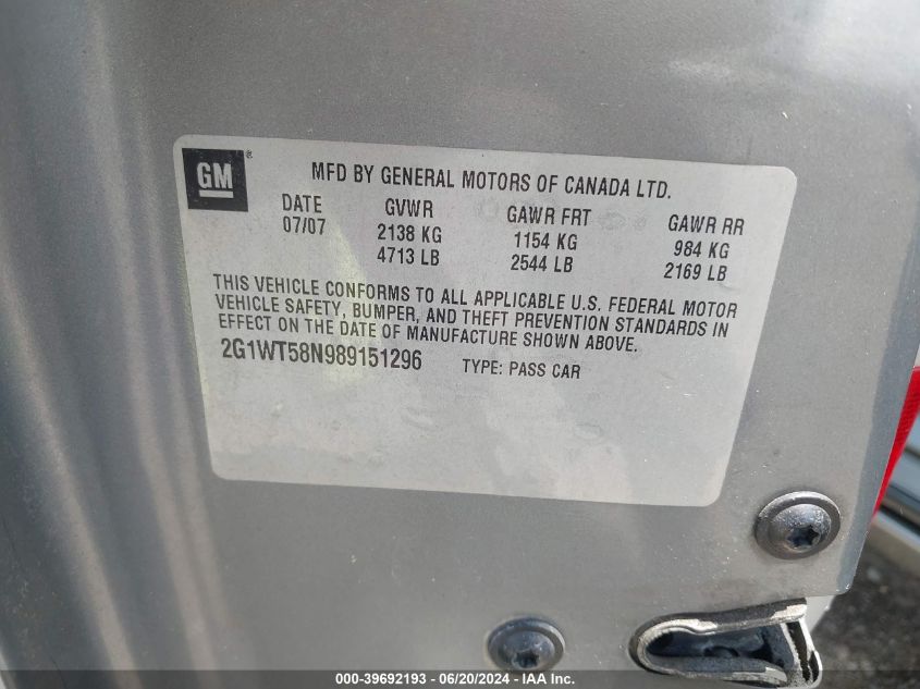 2008 Chevrolet Impala Lt VIN: 2G1WT58N989151296 Lot: 39692193