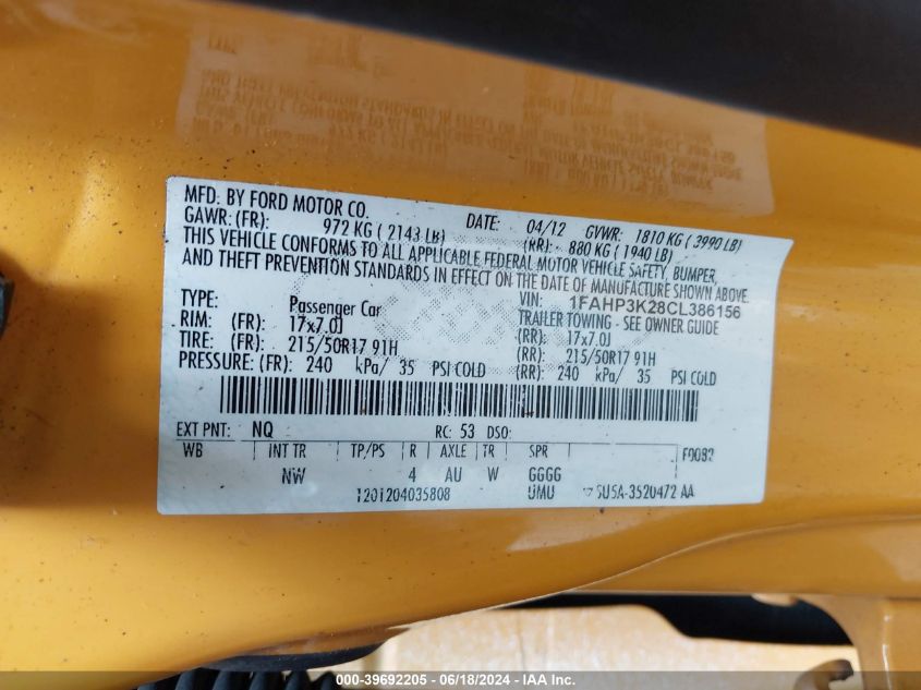 2012 Ford Focus Se VIN: 1FAHP3K28CL386156 Lot: 39692205