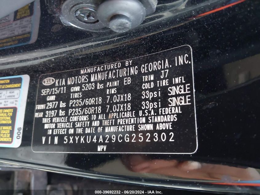 2012 Kia Sorento Ex VIN: 5XYKU4A29CG252302 Lot: 39692232