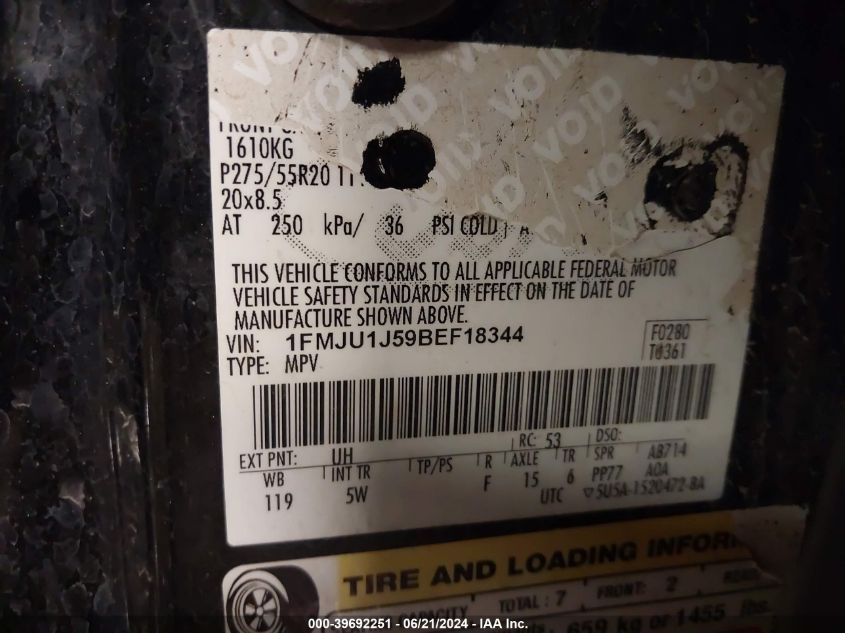 2011 Ford Expedition King Ranch VIN: 1FMJU1J59BEF18344 Lot: 39692251