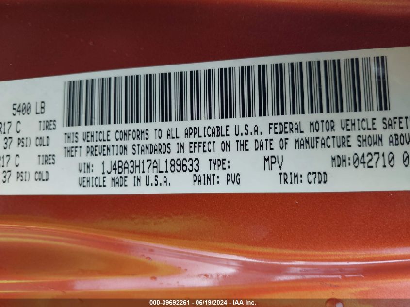 2010 Jeep Wrangler Unlimited Sport VIN: 1J4BA3H17AL189633 Lot: 39692261