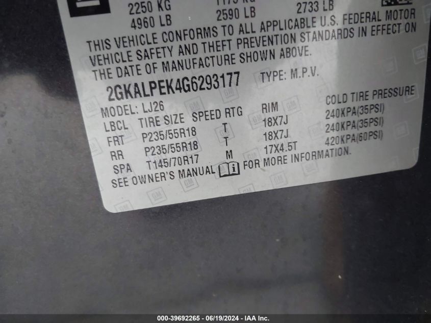 2016 GMC Terrain Slt VIN: 2GKALPEK4G6293177 Lot: 39692265