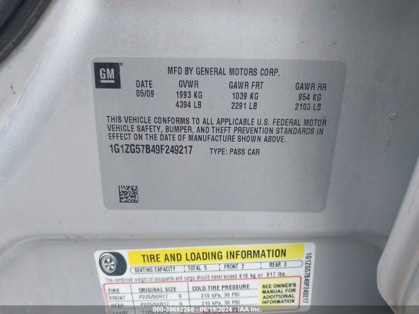 2009 Chevrolet Malibu Ls VIN: 1G1ZG57B49F249217 Lot: 39692268