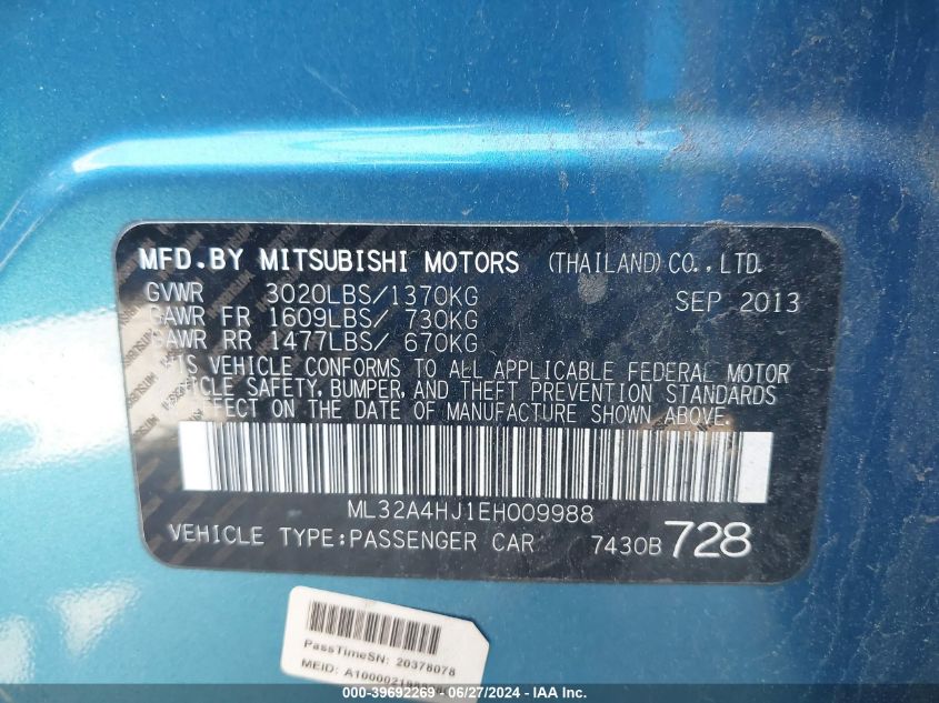 ML32A4HJ1EH009988 2014 Mitsubishi Mirage Es