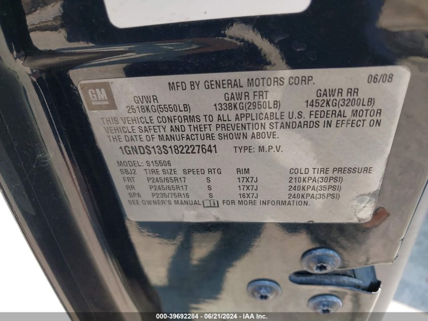 2008 Chevrolet Trailblazer Fleet VIN: 1GNDS13S182227641 Lot: 39692284