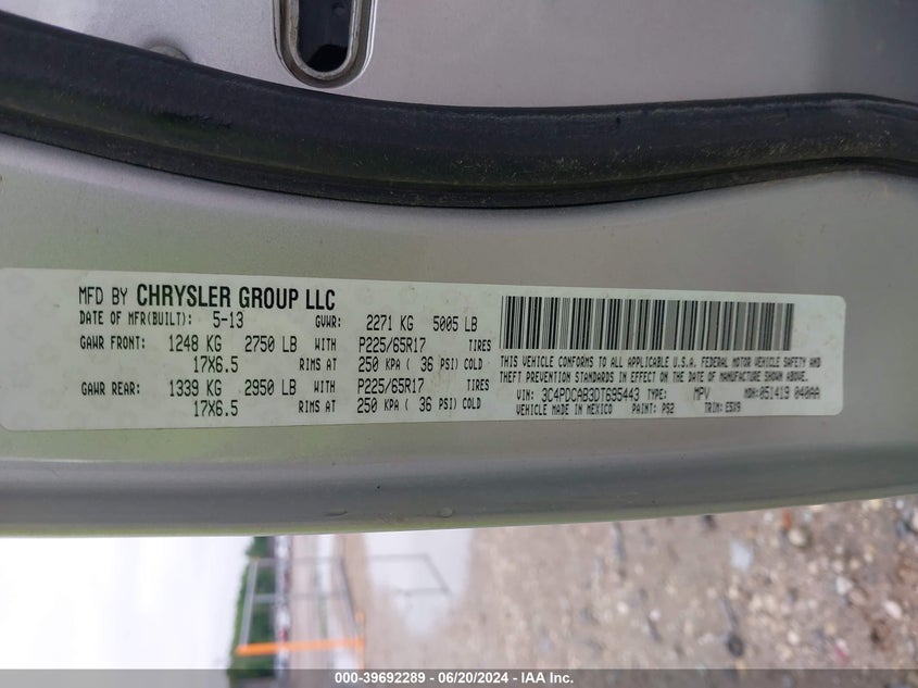 2013 Dodge Journey Se VIN: 3C4PDCAB3DT695443 Lot: 39692289