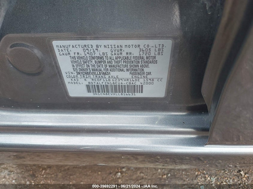 2020 Nissan Versa Sv Xtronic Cvt VIN: 3N1CN8EVXLL816631 Lot: 39692291