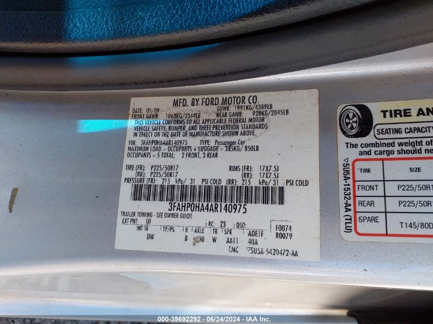 2010 Ford Fusion Se VIN: 3FAHP0HA4AR140975 Lot: 39692292