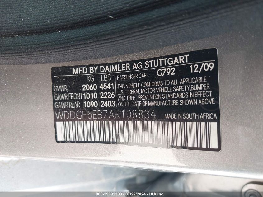 2010 Mercedes-Benz C 300 Luxury/Sport VIN: WDDGF5EB7AR108834 Lot: 39692300