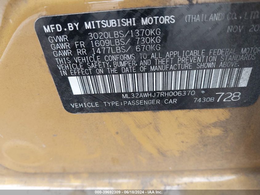 2024 Mitsubishi Mirage Black Edition VIN: ML32AWHJ7RH006370 Lot: 39692309