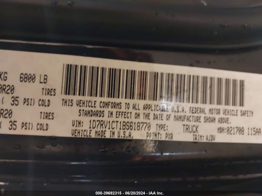 2011 Dodge Ram 1500 VIN: 1D7RV1CT1BS618770 Lot: 39692315