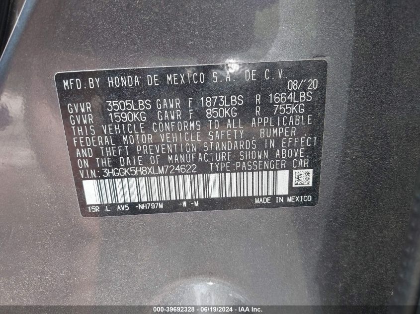 2020 Honda Fit Ex VIN: 3HGGK5H8XLM724622 Lot: 39692328