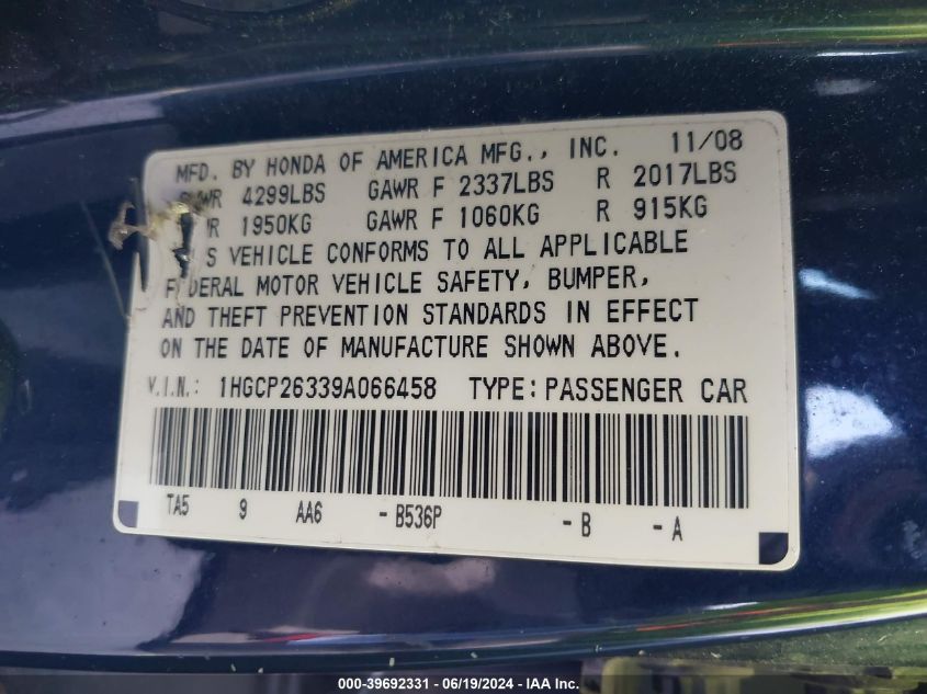 2009 Honda Accord 2.4 Lx VIN: 1HGCP26339A066458 Lot: 39692331