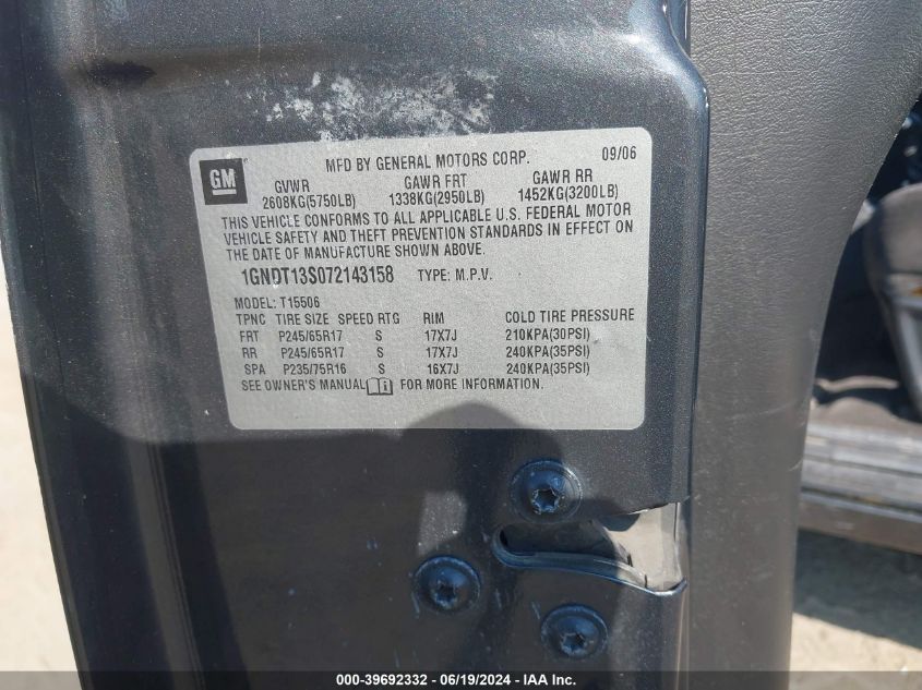 2007 Chevrolet Trailblazer Ls/Lt VIN: 1GNDT13S072143158 Lot: 39692332