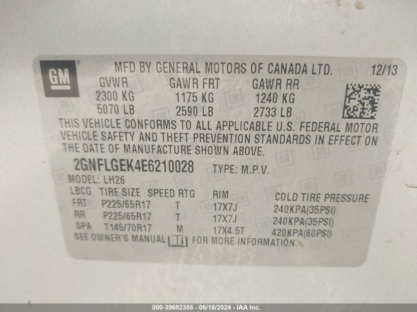 2014 Chevrolet Equinox 2Lt VIN: 2GNFLGEK4E6210028 Lot: 39692355