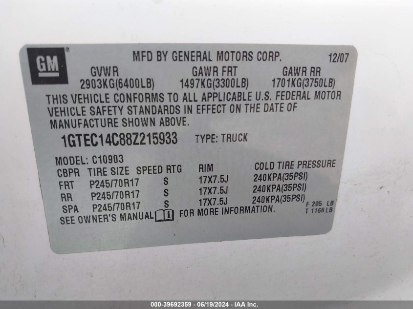 2008 GMC Sierra 1500 C1500 VIN: 1GTEC14C88Z215933 Lot: 39692359