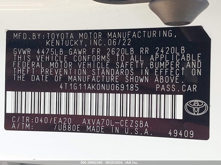 2022 TOYOTA CAMRY SE - 4T1G11AK0NU069185