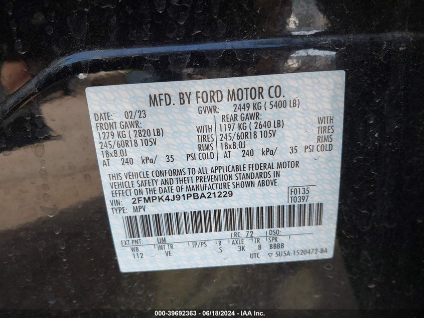 2023 Ford Edge Sel VIN: 2FMPK4J91PBA21229 Lot: 39692363