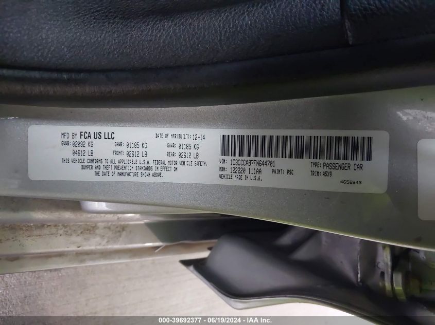 2015 Chrysler 200 Limited VIN: 1C3CCCAB7FN644701 Lot: 39692377