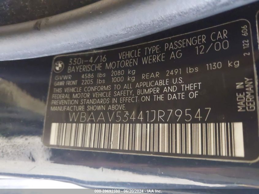 2001 BMW 330I VIN: WBAAV53441JR79547 Lot: 39692380