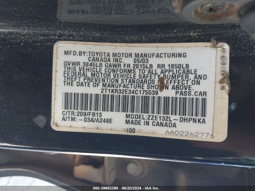 2T1KR32E34C175539 2004 Toyota Matrix Xr