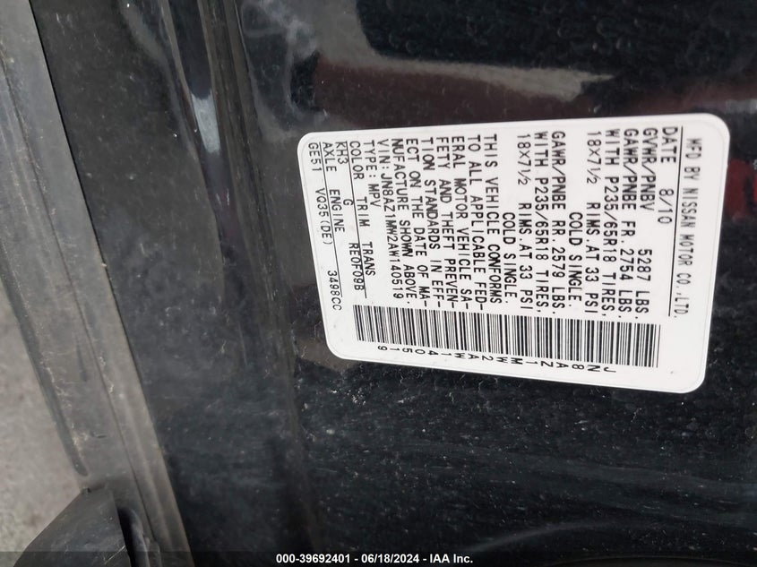 2010 Nissan Murano S VIN: JN8AZ1MW2AW140519 Lot: 39692401