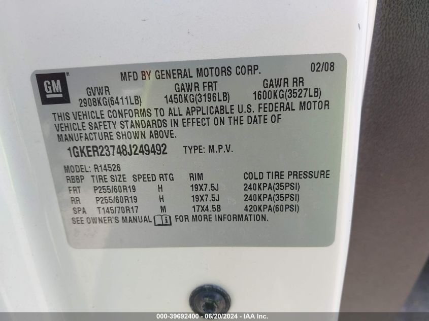 2008 GMC Acadia Slt-1 VIN: 1GKER23748J249492 Lot: 39692400